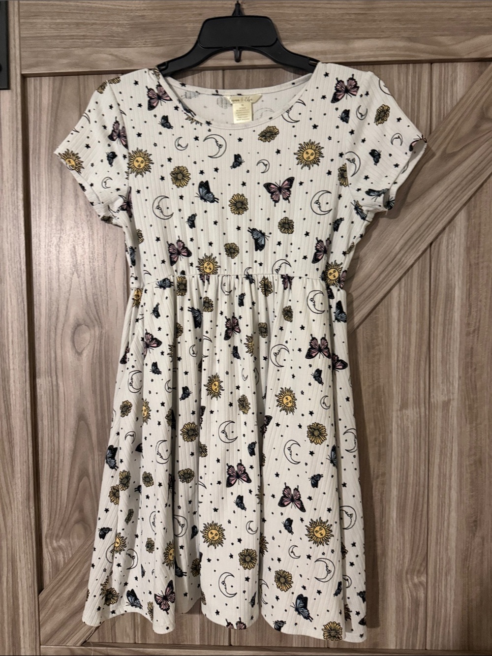 Girls' Short Sleeve White Sun, Moon & Butterfly Dress